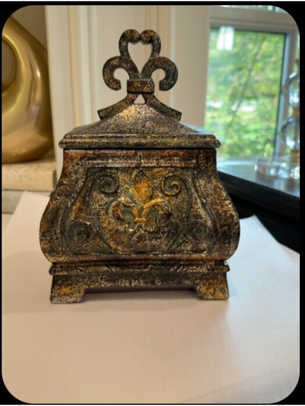 Home Decor | Fleur De Lis Decorative Lidded Box Bronze Gold | 1162